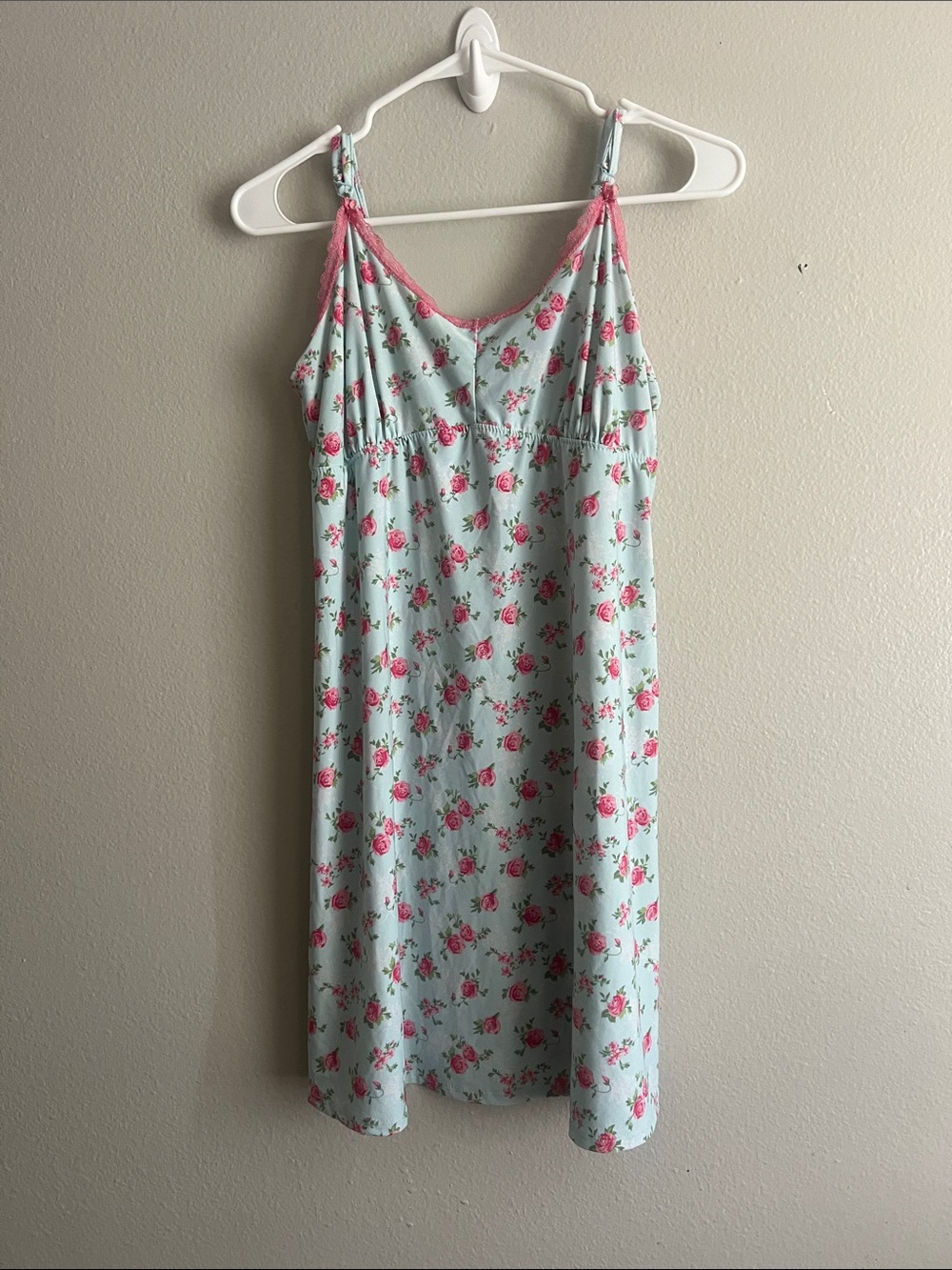Rene Rofe Floral Night Gown Dress Lace Light Blue Pink Roses Adjustable Straps